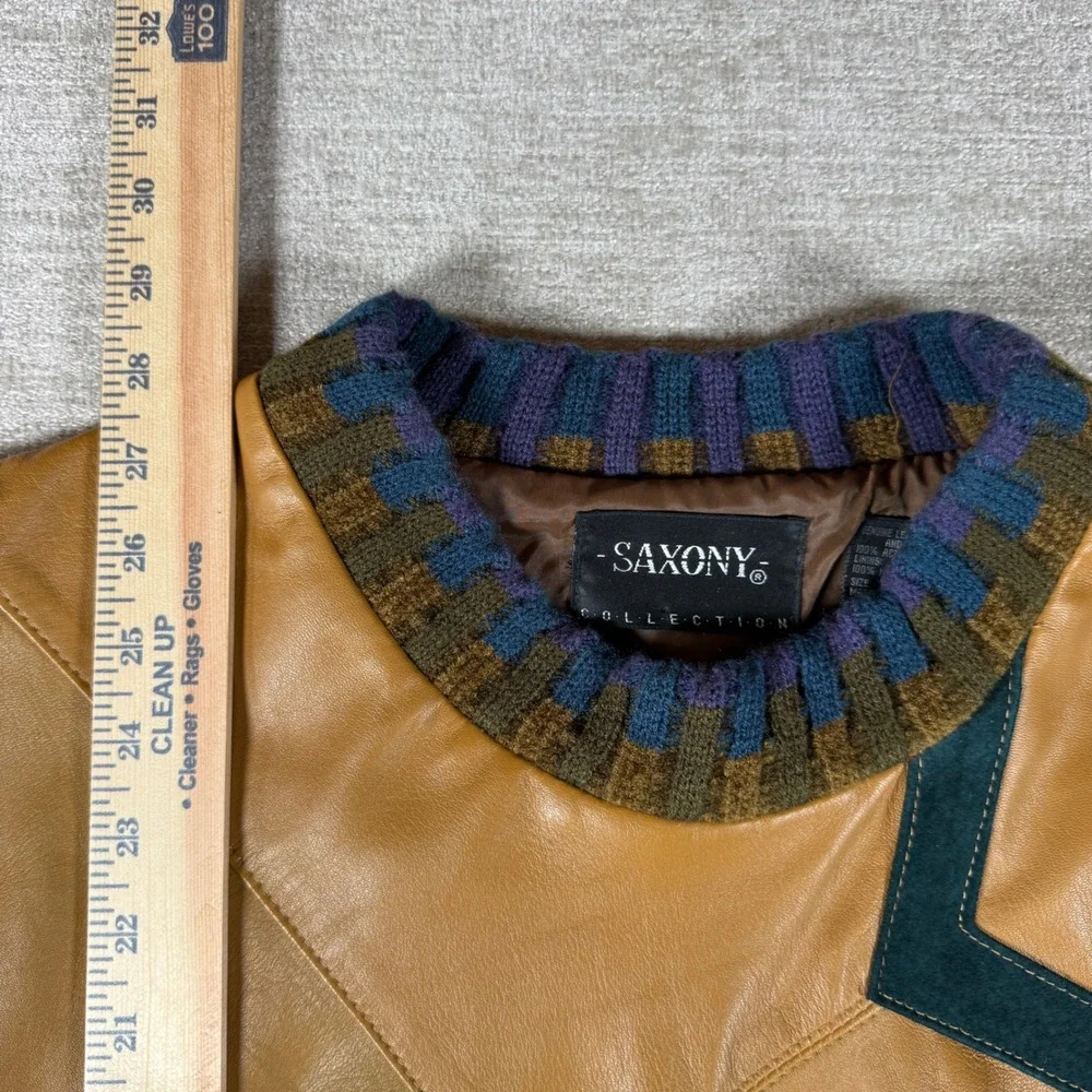 Saxony Sweater Mens XL Tan Leather Knit L/S Geometric Patchwork Vintage